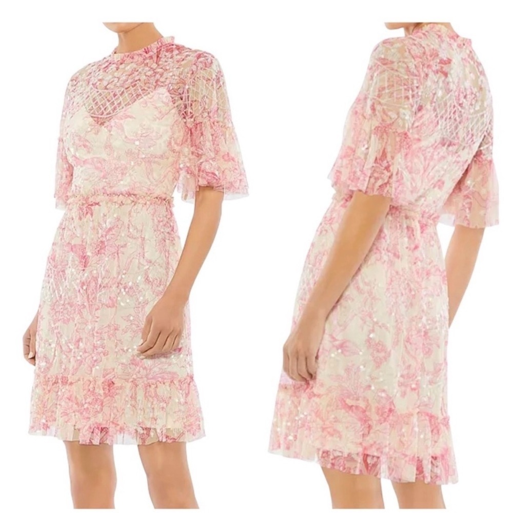 Mac Duggal 9148 Floral Sequin Mini Dress Cream Pink Size 4 NWOT
